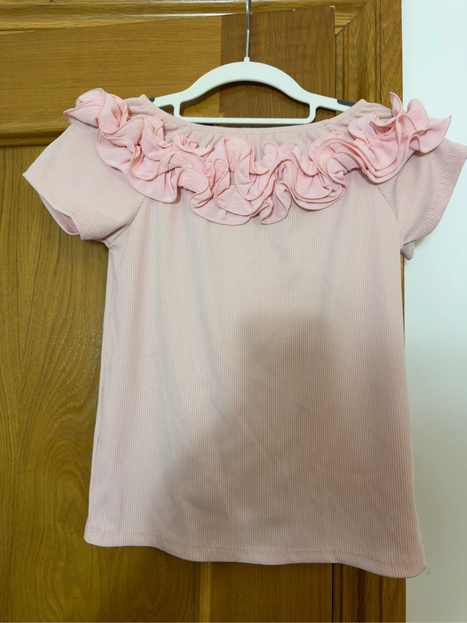 Blusa rosa bardot de canalé con volante S-M